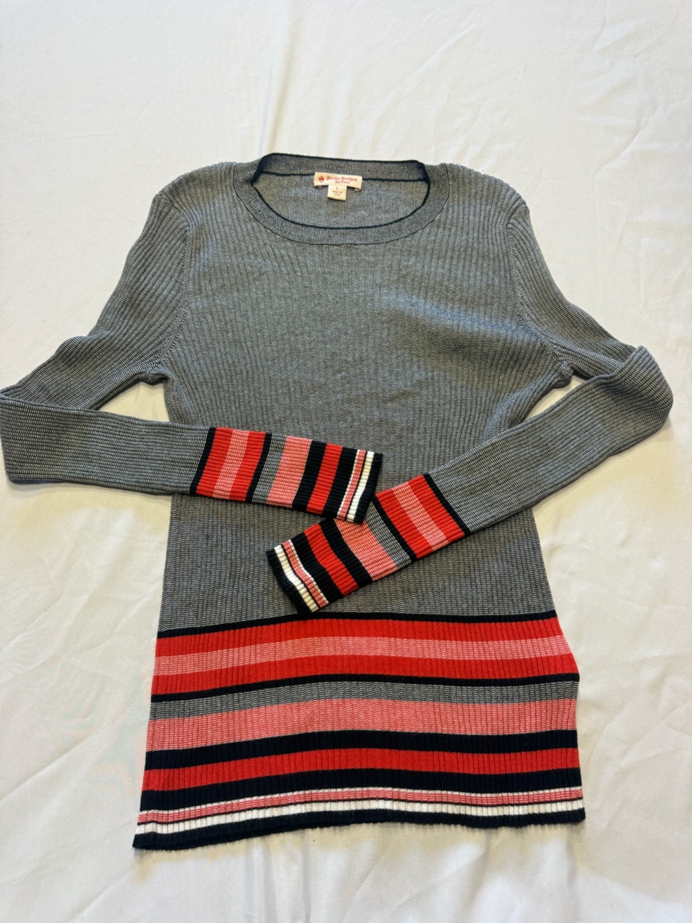 Brooks Brothers Gray Crewneck Sweater with Red and Black Stripe Detail